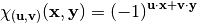 \chi_{(\vec{u},\vec{v})}(\vec{x},\vec{y}) = {(-1)}^{\vec{u} \cdot \vec{x} + \vec{v} \cdot \vec{y}}