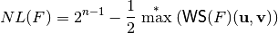 \crit{NL}(F) = 2^{n-1}-\frac{1}{2} \stackrel{*}{\max}(\matr{WS}(F)(\vec{u},\vec{v}))