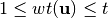 1 \leq wt(\vec{u}) \leq t
