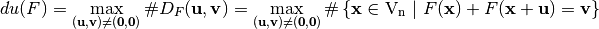 \crit{du}(F) = \max_{(\vec{u},\vec{v}) \neq (\vec{0},\vec{0})} \#D_F(\vec{u},\vec{v}) = \max_{(\vec{u},\vec{v}) \neq (\vec{0},\vec{0})} \#\left\{ \vec{x} \in \gf{V_n} \given F(\vec{x}) + F(\vec{x}+\vec{u}) = \vec{v} \right\}