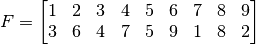 F = \begin{bmatrix}
1 & 2 & 3 & 4 & 5 & 6 & 7 & 8 & 9 \\
3 & 6 & 4 & 7 & 5 & 9 & 1 & 8 & 2
\end{bmatrix}