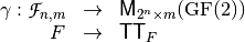 \begin{array}{rcl}
 \gamma:\funct{F}_{n,m} &\to& \matr{M}_{2^n \times m}(\gf{GF(2)}) \\
   F &\to& \matr{TT}_F
\end{array}